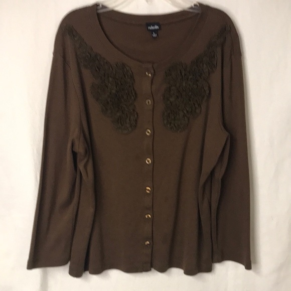 Rafaella Women’s Cardigan Sweater with Fabric Flower detail Brown Size L EUC - Picture 1 of 10